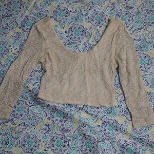 Cream Textured Floral Crop Top